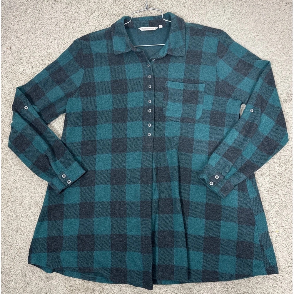 Soft Surroundings Teal Buffalo Check Henley Tunic Top Shirt M Roll Tab Sleeves - Picture 6 of 9